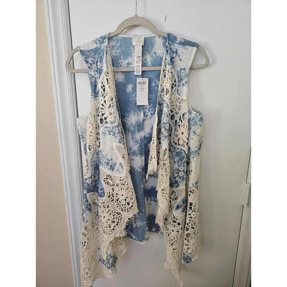Chico's Blue and Cream Crochet Lace Vest